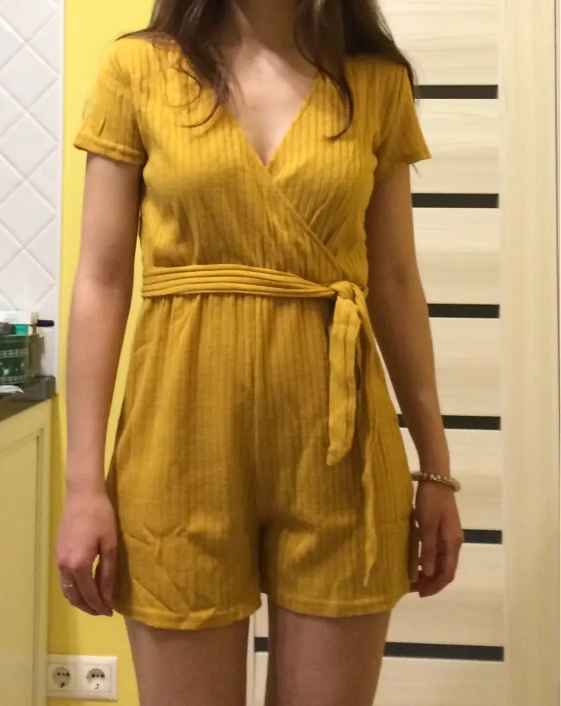 Women Romper Solid Yellow Short Sleeve Deep V Neck Loose Playsuit Drawstring Elegant Streetwear Sexy Casual Jumpsuit with Belt | Женская