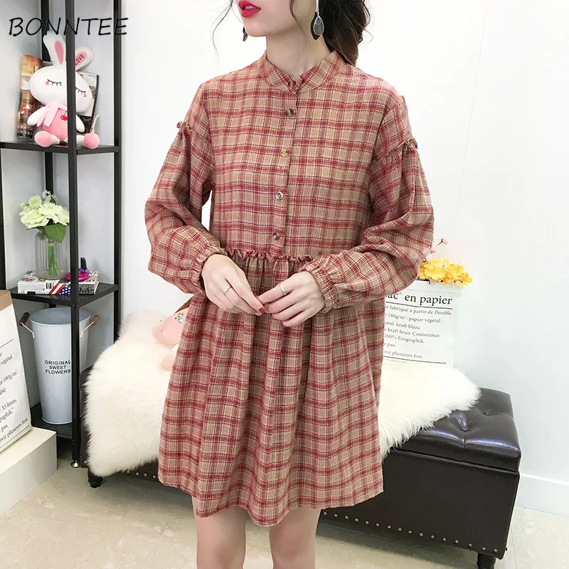 Long Sleeve Dress Women Leisure College Wind Lady Sweet Retro Plaid O-Neck Chic Womens Dresses Korean Style Loose All-match New
Long Sleeve Dress Women Leisure College Wind Lady Sweet Retro Plaid O-Neck Chic Womens Dresses Korean Style Loose All-match New
