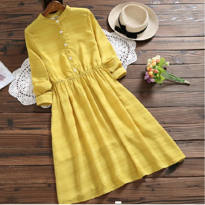 Spring Autumn Mori Girl Women Solid Dress Stand Collar Yellow Vestidos Feminino Full Sleeve Casual Sweet Elegant Dresses
Spring Autumn Mori Girl Women Solid Dress Stand Collar Yellow Vestidos Feminino Full Sleeve Casual Sweet Elegant Dresses