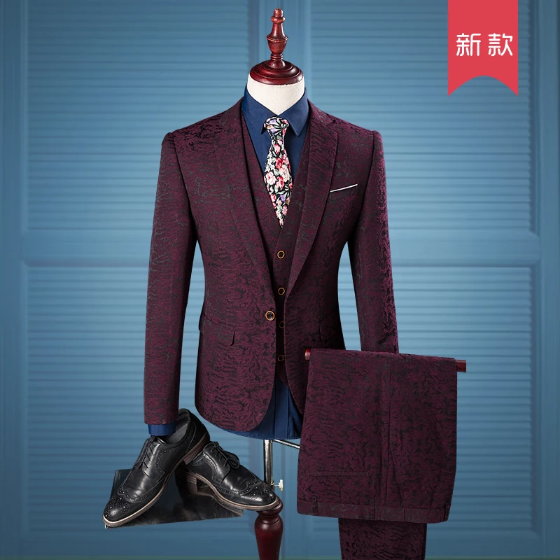 Image Men s Personalized Flower Pattern Print suits Male set Wine red suits 3 piece set  Fashion business formal dress nightclub stars