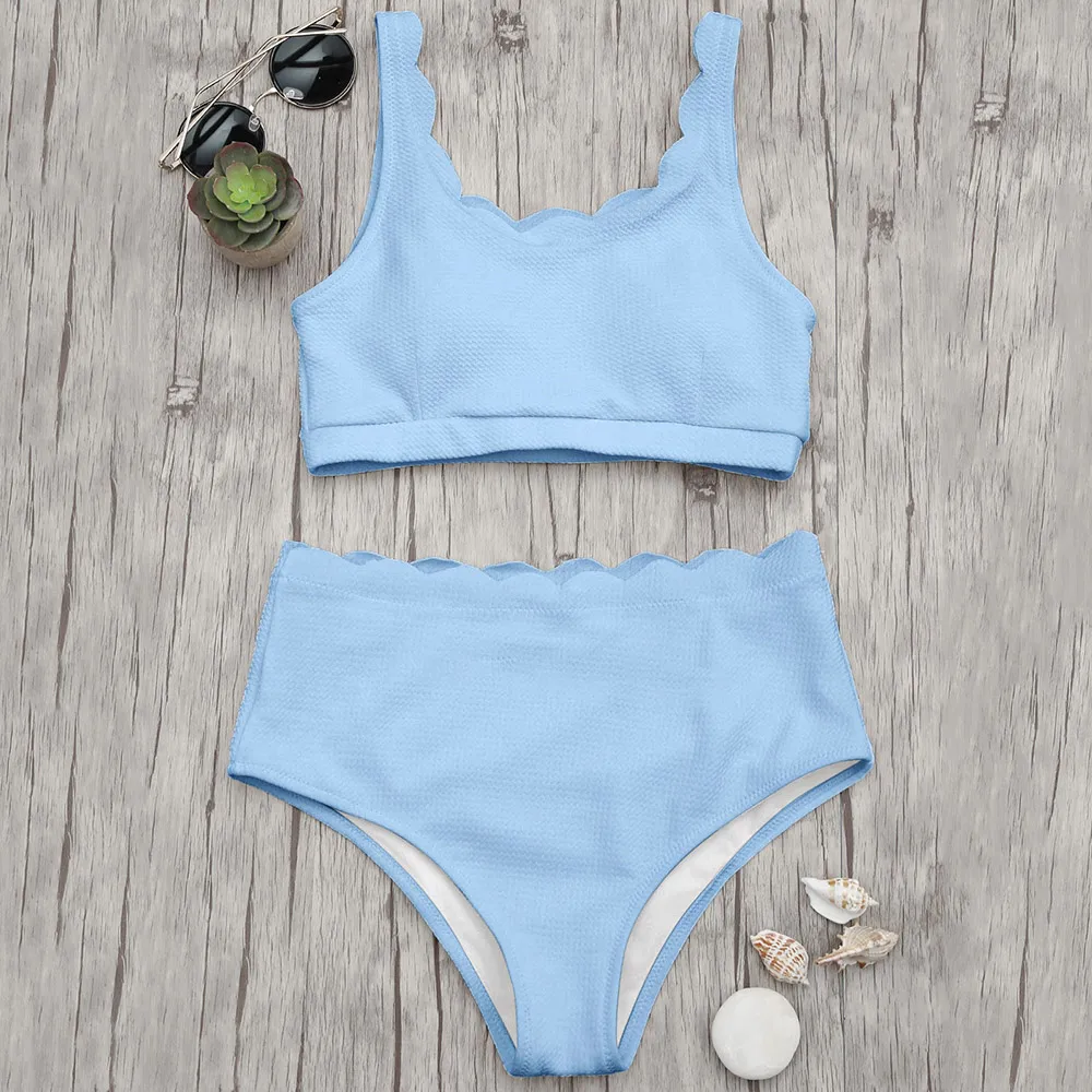 

ZAFUL 2019 High Waisted Women Swimsuit Scalloped Bralette Bikini Set Swimwear Solid Color Summer Beach Bathing Suit