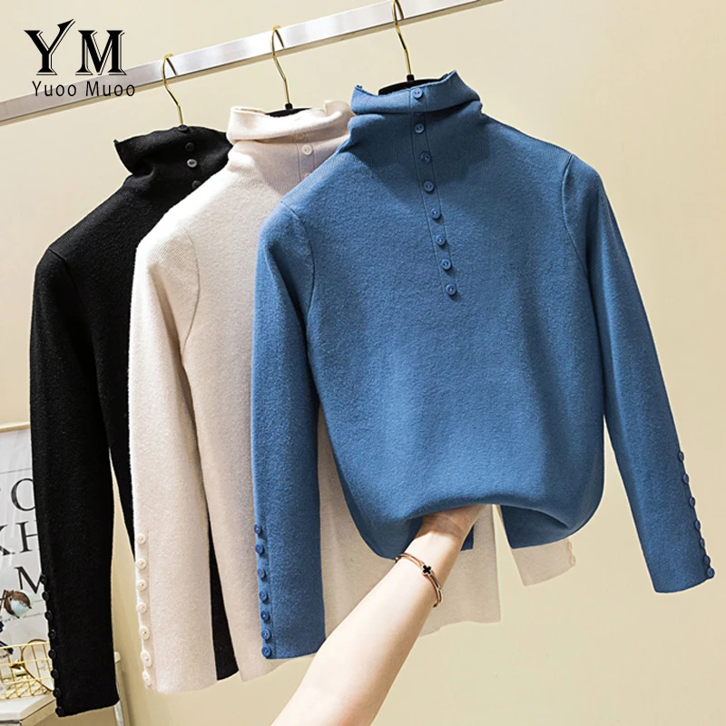 

YuooMuoo Buttons Design Casual Sweater 2019 Winter Turtleneck Korean Style Women Sweater Good Quality Comfy Knitwear Pullovers
