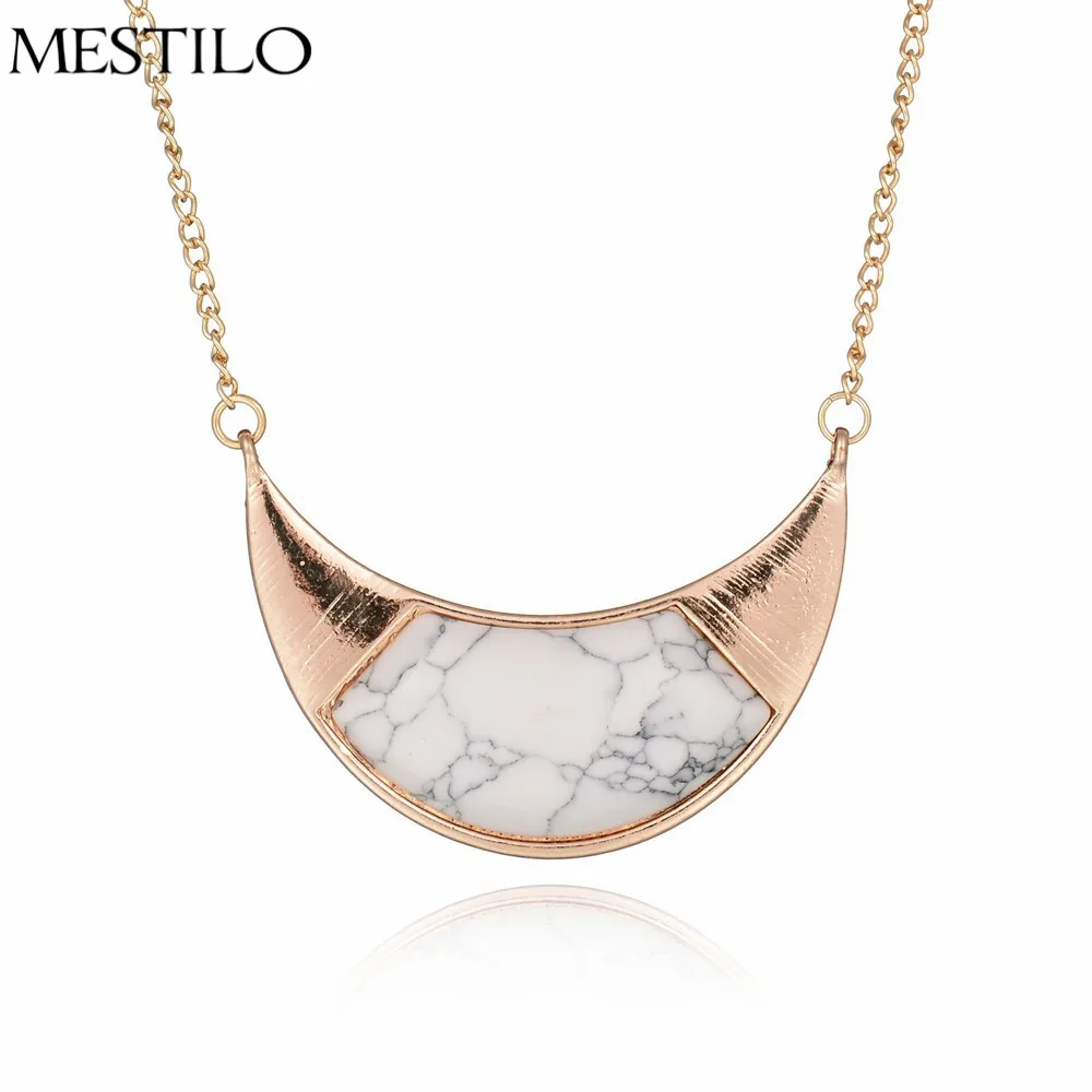 MESTILO New Gold Color White Marble Stone Moon Shape Long Pendant Necklace Punk Trendy Classic Simple Short Jewelry | Украшения и