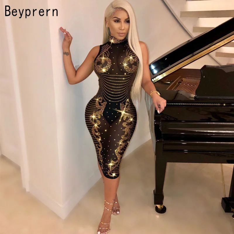 

Beyprern Glitter Gold Crystal Embellished Midi Dress Stretchy Diamonds Studded Mesh Dress Night Out Birthday Outfits Clubwears