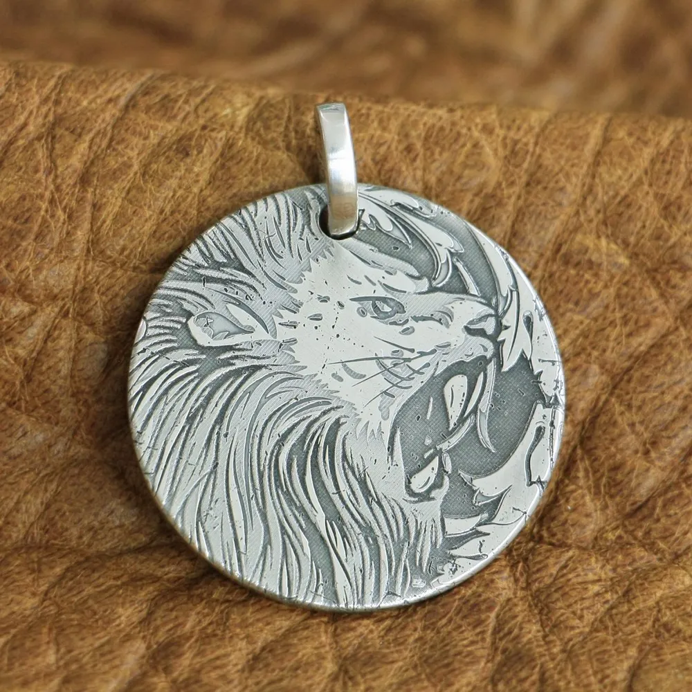 

999 Sterling Silver King of Lion Dogtag Laser Engraved High Details Mens Biker Punk Pendant 9X304