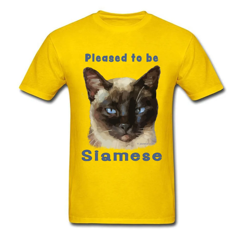 Printed On All Cotton Men Short Sleeve T Shirt Personalized Summer Tshirts Summer T-Shirt Graphic O-Neck Wholesale Pleased to be Siamese Smug looking Siamese Cat yellow