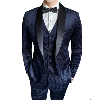 New Shawl Collar Male Velvet Suit Navy Blue Wedding Suits For Men Slim Fit Suit Male Elegant Prom 3-piece set Jacket Pants Vest 
New Shawl Collar Male Velvet Suit Navy Blue Wedding Suits For Men Slim Fit Suit Male Elegant Prom 3-piece set Jacket Pants Vest