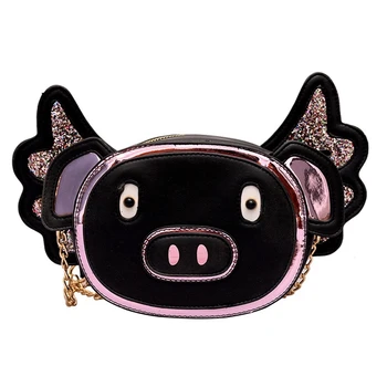 

FGGS-Cute Sequined Wing Pig Style Ladies Shoulder Bag Pu Leather Handbag Ladies Mini Chain Messenger Bag