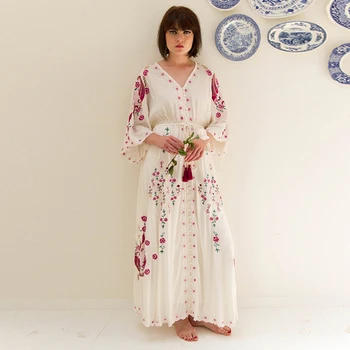 BOHOFREE V Neck Single Breasted Embroidery Kimono Floral Embroided Long Dress Loose Tunic Waist Beach Maxi Vestidos Femmes
BOHOFREE V Neck Single Breasted Embroidery Kimono Floral Embroided Long Dress Loose Tunic Waist Beach Maxi Vestidos Femmes