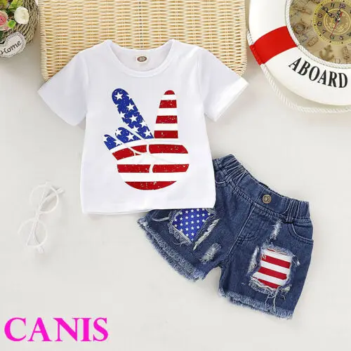Baby Girl Clothes White Round Neck Short Sleeve Tops Fashion Button Jeans Stars Striped Shorts Clothes
Baby Girl Clothes White Round Neck Short Sleeve Tops Fashion Button Jeans Stars Striped Shorts Clothes