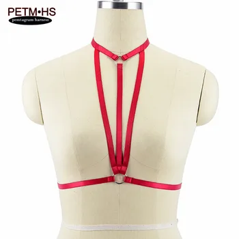 

Womens Sexy Bustier Harness Red Bras Lingerie Elastic Bondage Lingerie Adjust Strappy Tops Open chest Fetish Goth Garter Belt