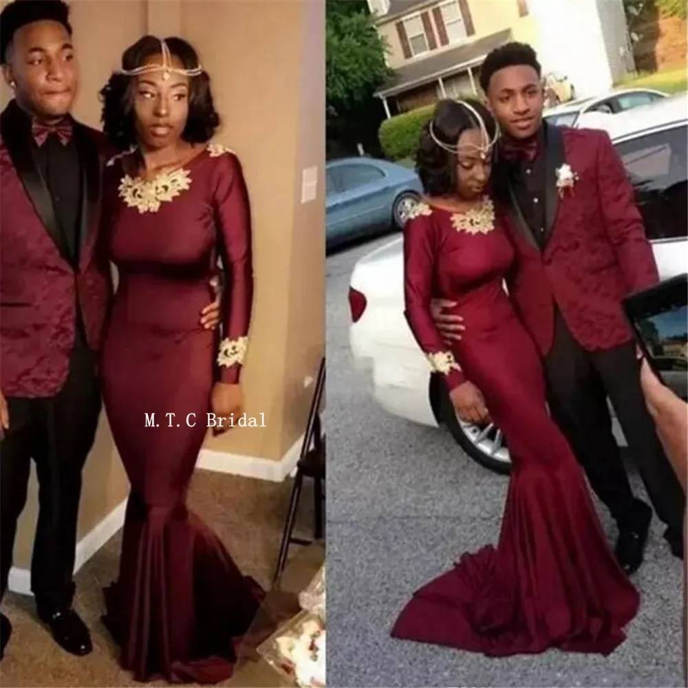 Burgundy Long Sleeve African Evening Dress 2019 Gold Lace Elastic Satin Mermaid Prom Gowns High Quality Wedding Party Dresses
Burgundy Long Sleeve African Evening Dress 2019 Gold Lace Elastic Satin Mermaid Prom Gowns High Quality Wedding Party Dresses