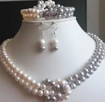 Pearl Jewelry Set 2Rows 7-8MM Natural White Gray Freshwater Pearl Necklace Bracelet Earrings Birthday Wedding Party Gift Jewelry
Pearl Jewelry Set 2Rows 7-8MM Natural White Gray Freshwater Pearl Necklace Bracelet Earrings Birthday Wedding Party Gift Jewelry