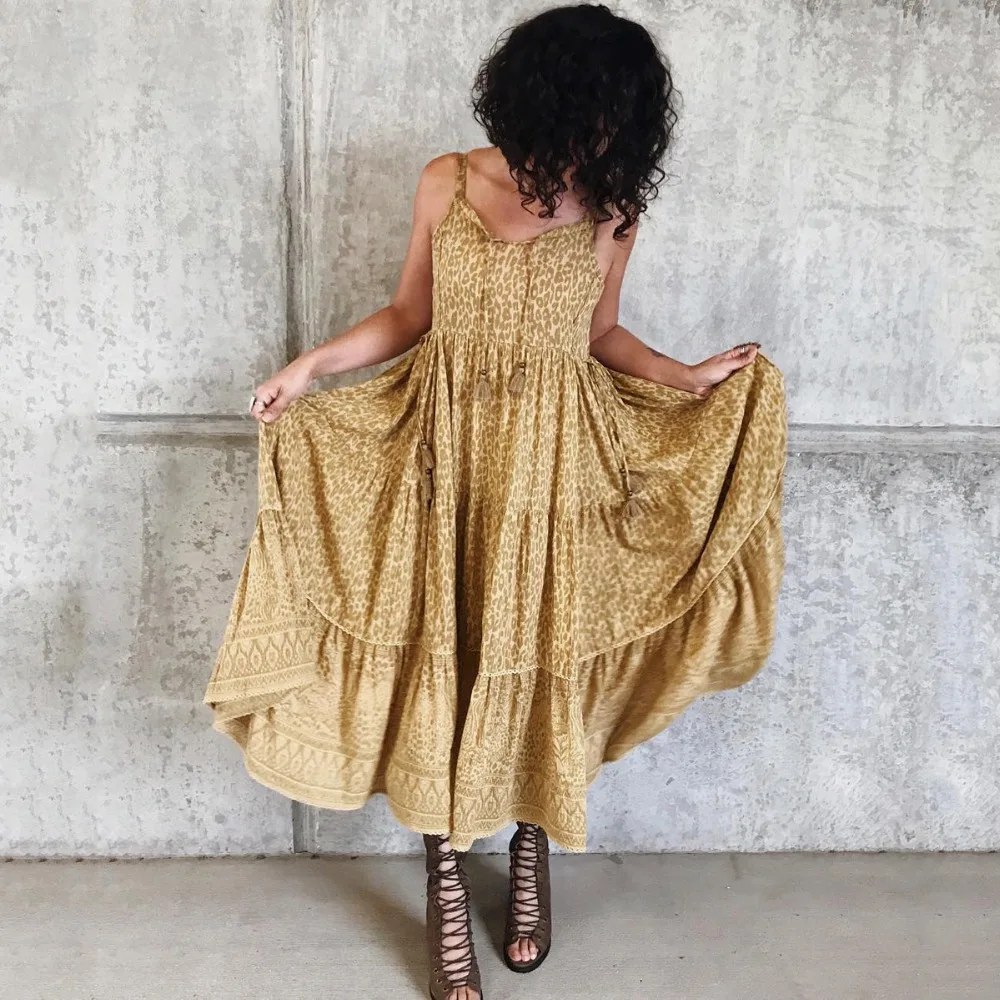 Yellow Leopard Flora Print long boho dress summer sleeveless strap tassel Lacing up women beach wear Gypsy loose Vestidos Party
Yellow Leopard Flora Print long boho dress summer sleeveless strap tassel Lacing up women beach wear Gypsy loose Vestidos Party