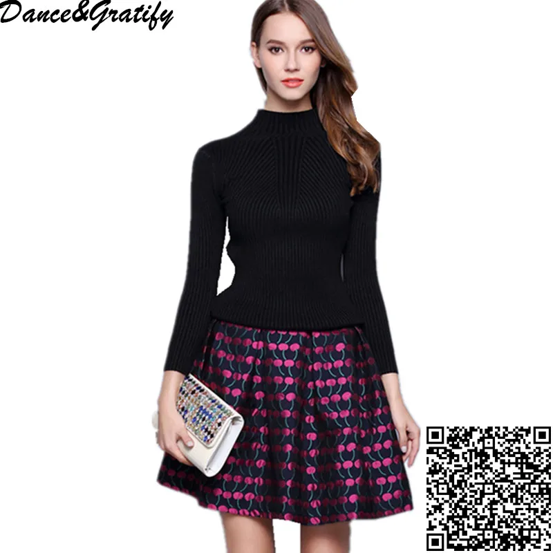 Dance&Gratify New 2018 Runway 2 Piece Set Women Black Elasticity Knitting Sweater and Print Cherry Skirt Suit
Dance&Gratify New 2018 Runway 2 Piece Set Women Black Elasticity Knitting Sweater and Print Cherry Skirt Suit