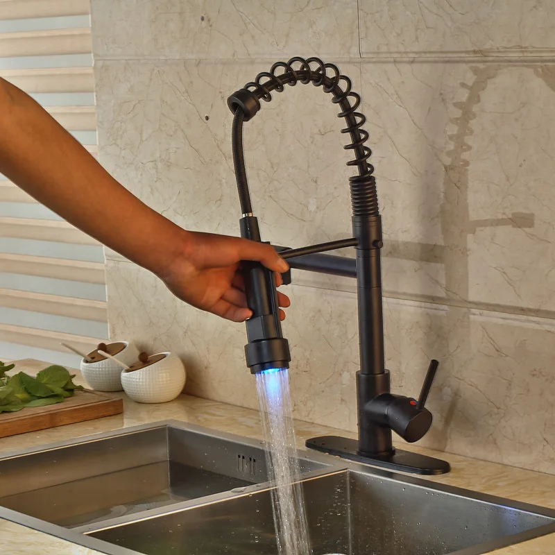 Kitchen Sink Faucet Oil Rubbed Bronze with LED Light Sprayer Deck Mounted W/ Hole Cover