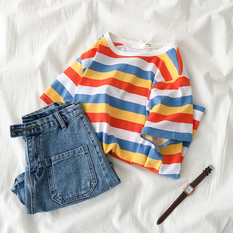 YouGeMan Woman Summer Tshirt Top 2019 Korean Ulzzang Harajuku Rainbow Striped Short Sleeve T-shirt Women Casual O-neck Tee Shirt
YouGeMan Woman Summer Tshirt Top 2019 Korean Ulzzang Harajuku Rainbow Striped Short Sleeve T-shirt Women Casual O-neck Tee Shirt