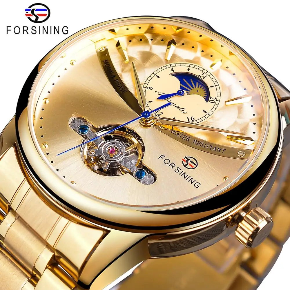 Forsining Tourbillon Automatic Men Watch Classic Golden Male Clock Moon Phase Mechanical Stainless Steel Band Wristwatch Relogio | Наручные