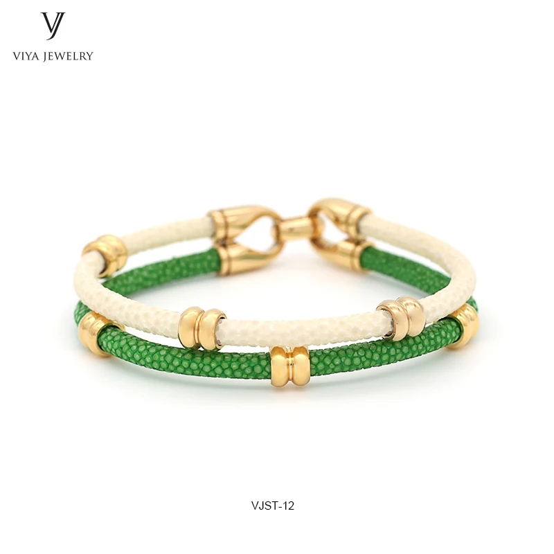 Unique Green and white Mixed Color Design Genuine Leather Strap 316L Stainless Steel Bracelet Fashion Two Colors Mixed Stingray Leather Bracelet (8)