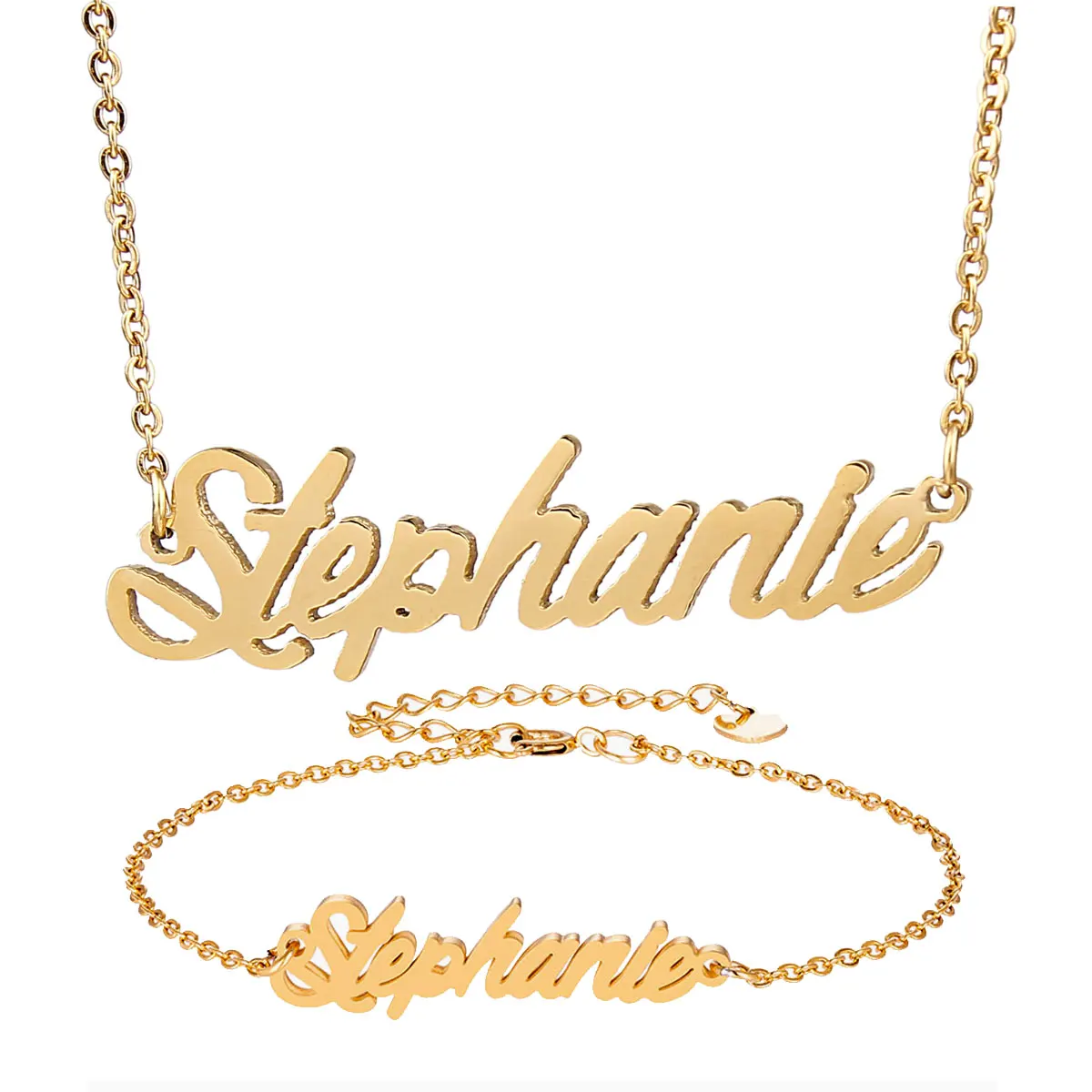 Statement Script Cut Nameplate Necklace "Stephanie " Gold Chain Women Stainless Steel Name Necklace Bracelet Set Pendant Gift
Statement Script Cut Nameplate Necklace "Stephanie " Gold Chain Women Stainless Steel Name Necklace Bracelet Set Pendant Gift