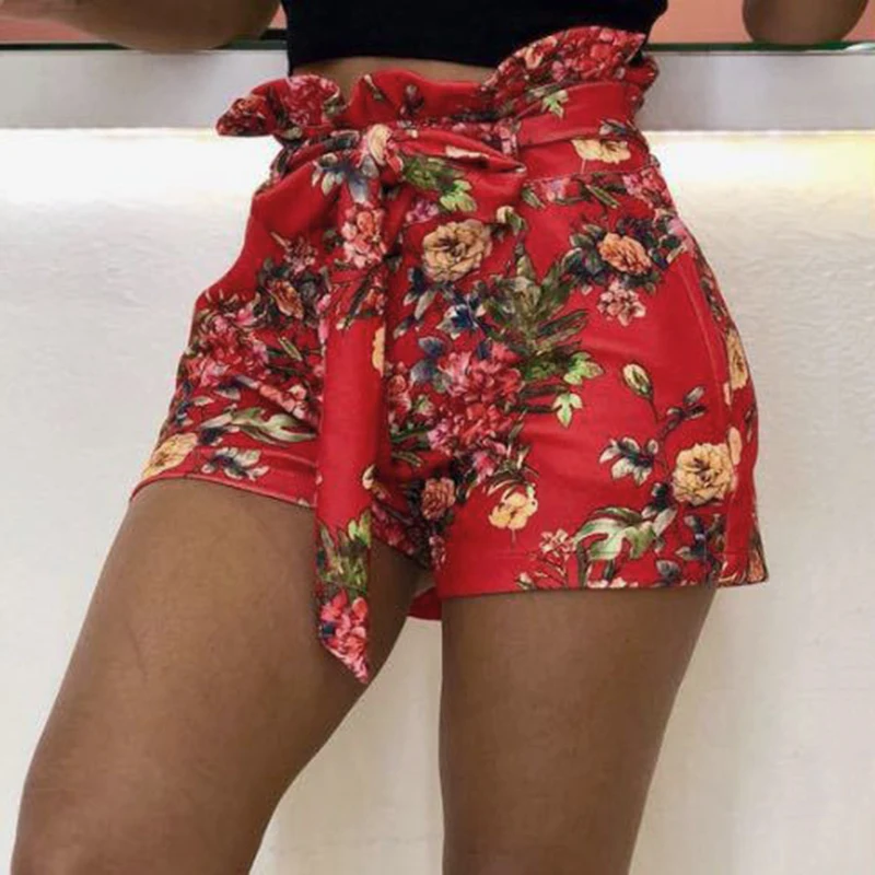 

Women Summer shorts Foral Stylish holiday boho print vacation beach wear tropical fitting casual High Waist Shorts Belt ladies