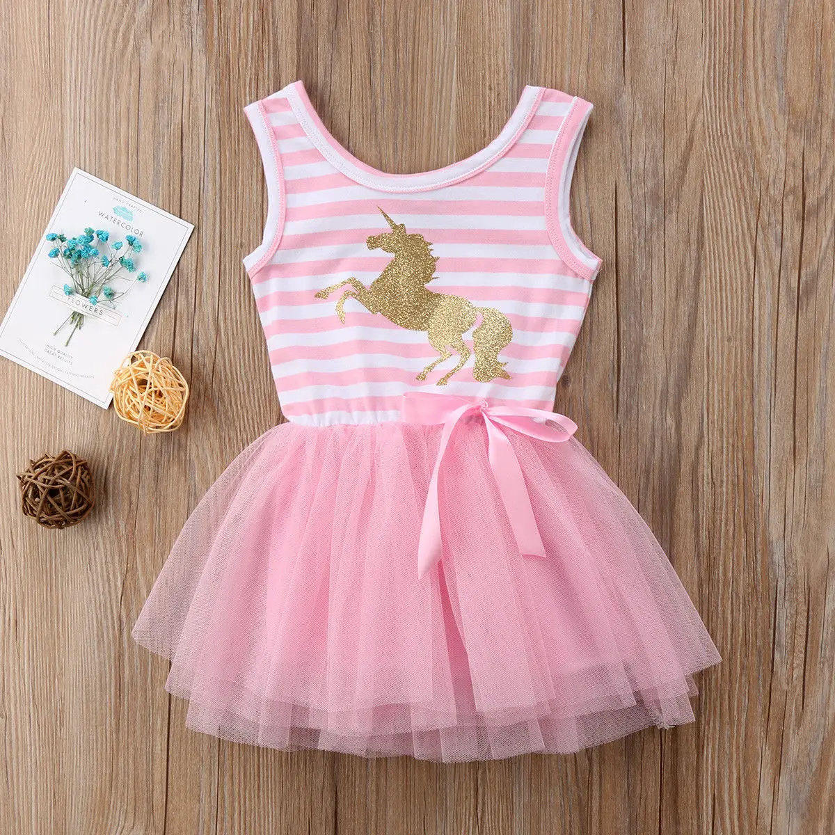 Летнее розовое платье принцессы без рукавов с единорогом для маленьких девочек
