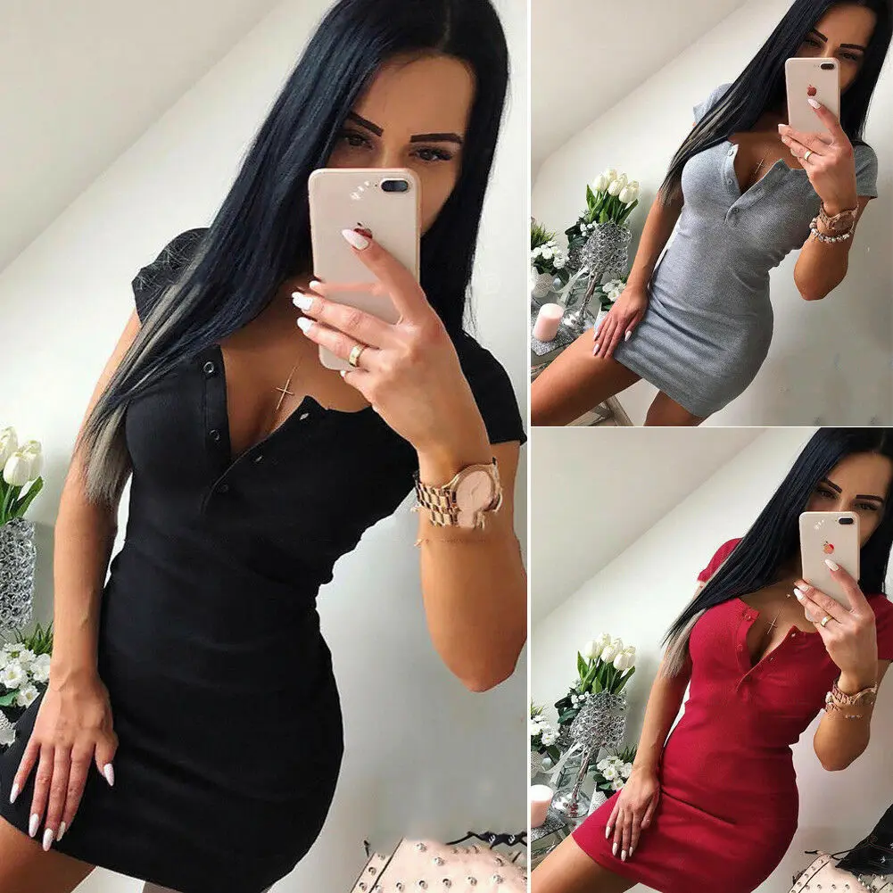 Sexy Women's Summer Pure Short Sleeve V Neck Button Stretch Party Cocktail Short Mini Dress
Sexy Women's Summer Pure Short Sleeve V Neck Button Stretch Party Cocktail Short Mini Dress