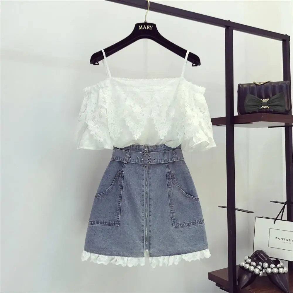 2019 Summer Women Sexy Off Shoulder Short Sleeves Lace Tops + Zipper Denim Skirt 2 pcs sets Female Casual Suits A1434
2019 Summer Women Sexy Off Shoulder Short Sleeves Lace Tops + Zipper Denim Skirt 2 pcs sets Female Casual Suits A1434