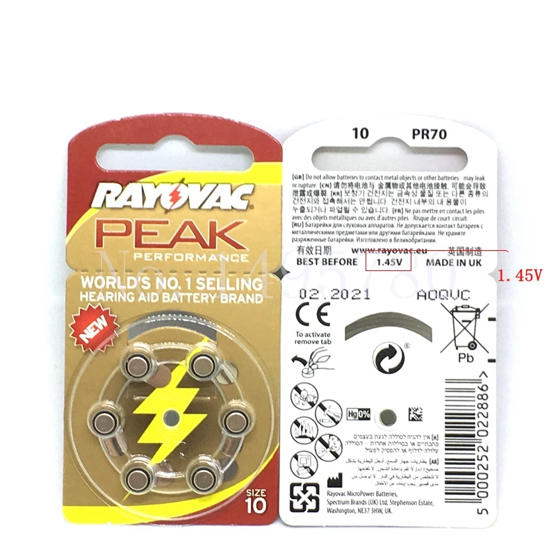 60 шт Новые Цинковые воздушные 1 45 V Rayovac пиковые цинковые слуховые аппараты A10 10A ZA10