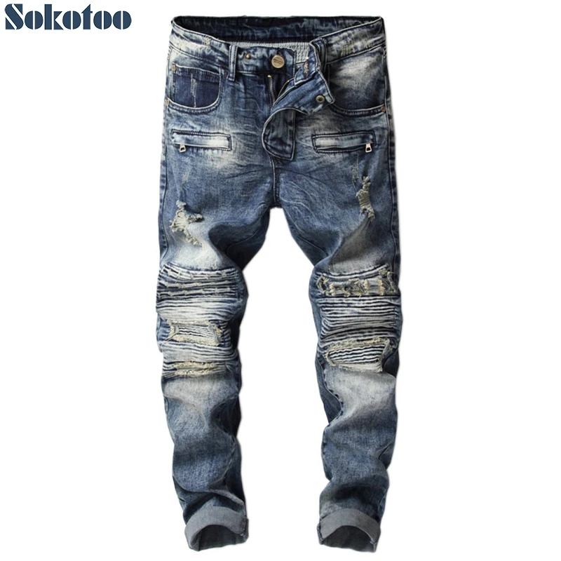 

Sokotoo Men's holes patchwork ripped biker jeans for moto Slim straight distressed stretch denim pants