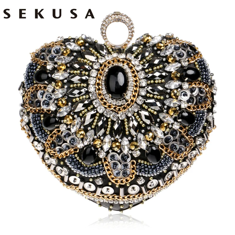 

SEKUSA Heart Women Bag Finger Ring Diamonds Purse Clutch Chain Shoulder Emroidery Messenger Bag Beaded Rhinestones Weeding Bag