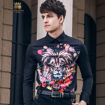 

Fanzhuan Free Shipping New men's Male fashion 2018 autumn personality print Europe America man long-sleeved flower shirt 822060