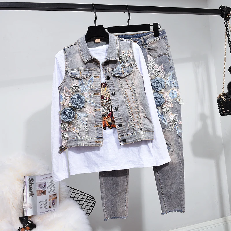 Fashion Denim Vest Set Female Turn-down Collar Embroidery Bead Sleeveless Jacket + Nine Point Denim Pants Two-piece Set Ladies
Fashion Denim Vest Set Female Turn-down Collar Embroidery Bead Sleeveless Jacket + Nine Point Denim Pants Two-piece Set Ladies