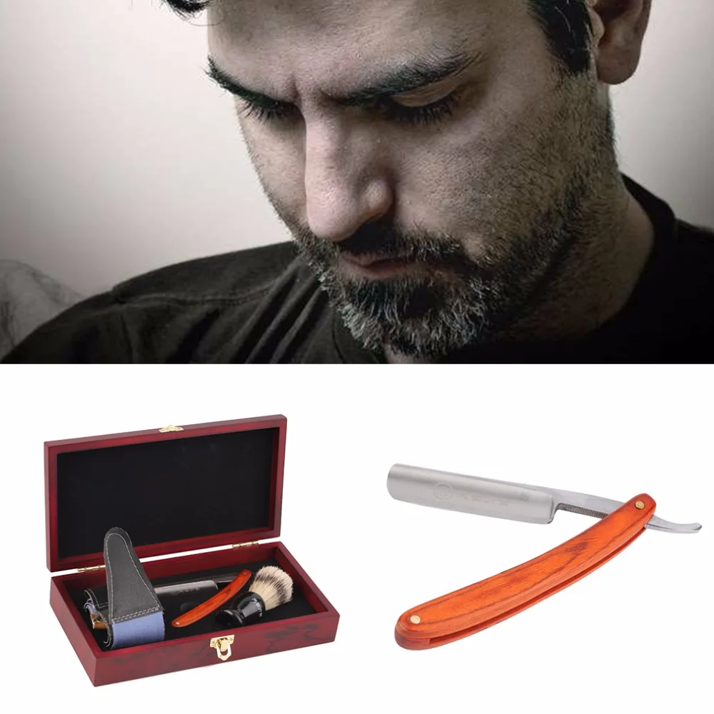 Image New arrival Straight Razor Shaving Knife Brush and Leather Strop Wood Handle Box Kit Top Quality