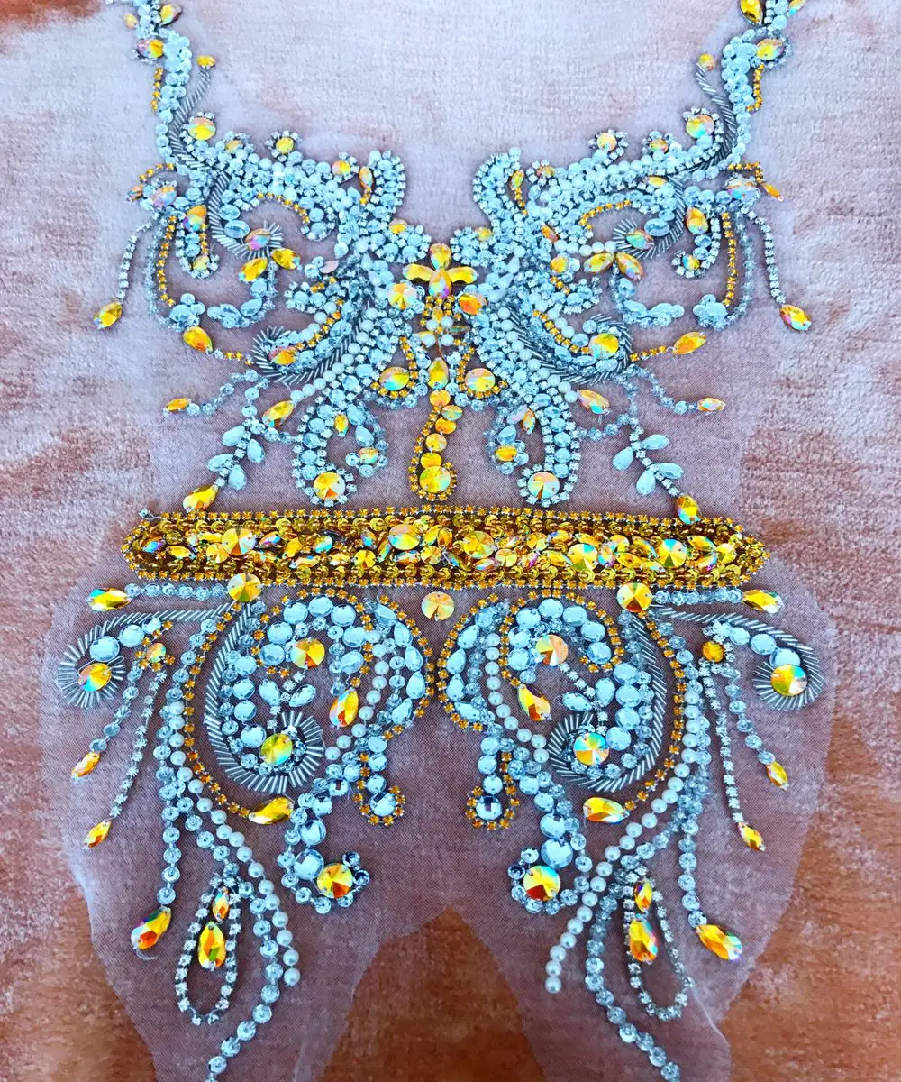 

Pure hand made golden/silver sew on Rhinestones applique on mesh crystals trim patches 60*32cm DIY dress accessory