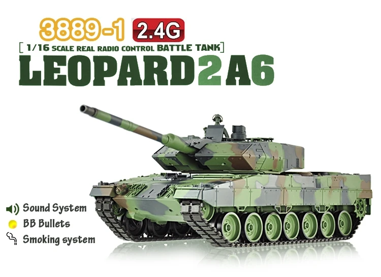 Heng Long 1/16 Scale German Leopard 2A6 Airsoft RC Battle Tank Smoke & Sound 2.4Ghz Transmitter
Heng Long 1/16 Scale German Leopard 2A6 Airsoft RC Battle Tank Smoke & Sound 2.4Ghz Transmitter