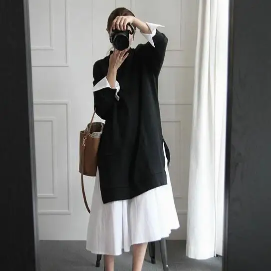 2019 New Spring Solid Color Round Neck Long Sleeve Black White Split Joint Women Sweatshirts Dress DC578
2019 New Spring Solid Color Round Neck Long Sleeve Black White Split Joint Women Sweatshirts Dress DC578