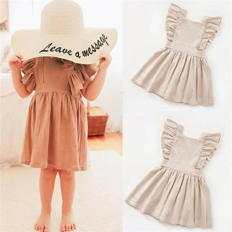 

Casual Kids Baby Girls Cotton and Linen Dress Summer Clothes Ruffle Sleeves Plain Sundress Solid Girls Backless Dresses 1-6Y