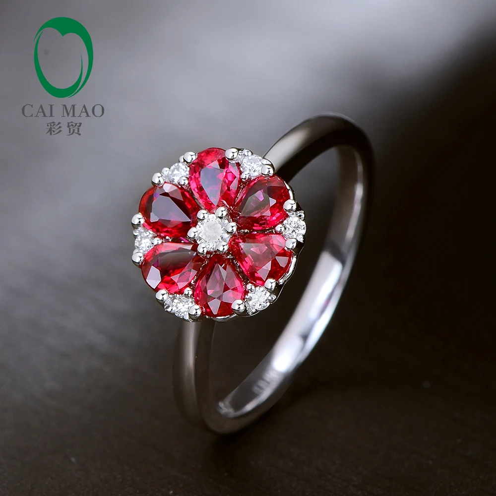 

Caimao Classic 14k White Gold 0.93ct Natural Red Ruby H SI Diamond Flower Engagement Ring for Anniversary