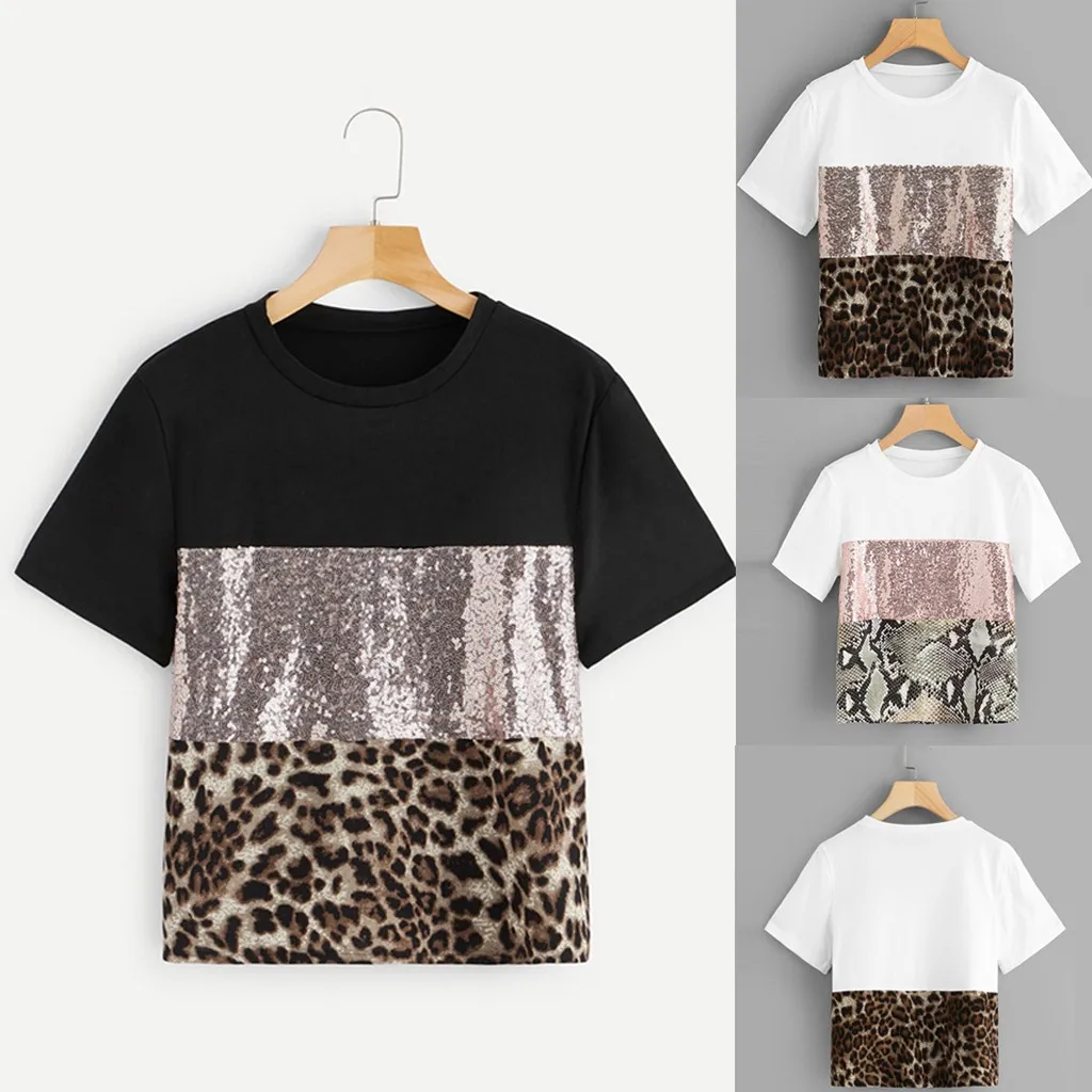 Leopard Print Animal snake pattern t shirt Women patchwork Sequin daily short Sleeve novetly Tee Casual loose Tops camiseta#sw
Leopard Print Animal snake pattern t shirt Women patchwork Sequin daily short Sleeve novetly Tee Casual loose Tops camiseta#sw