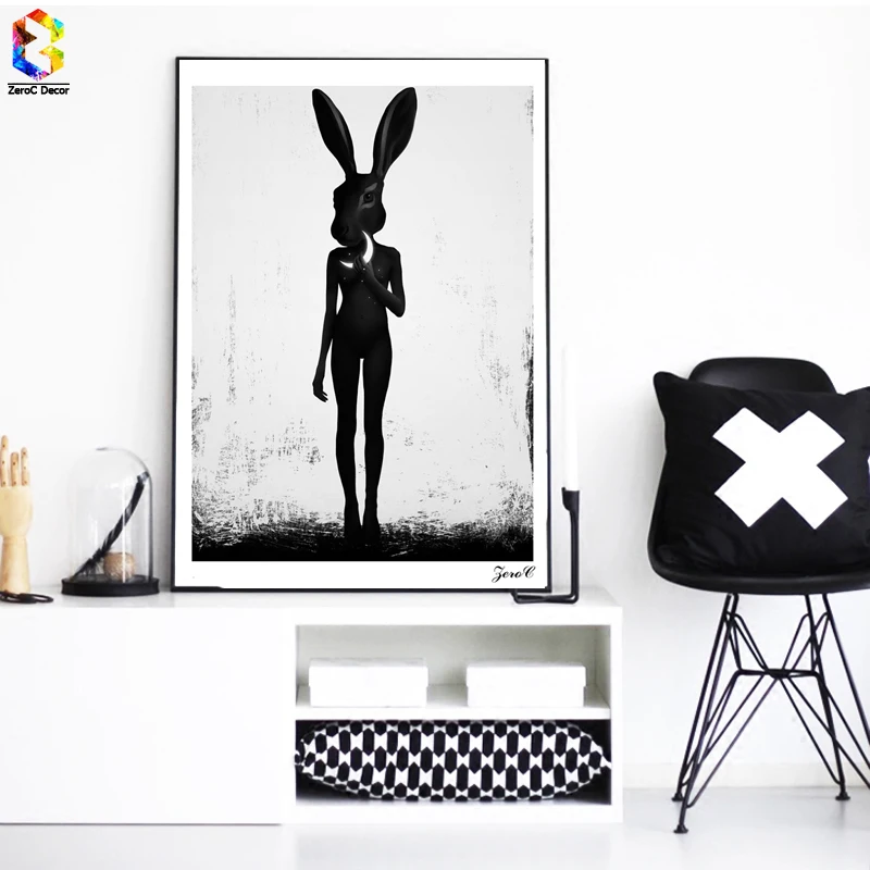 

Cuadros Posters And Prints Black Rabbit Wall Art Canvas Painting Pictures For Living Room Nordic Girl Home Decoration