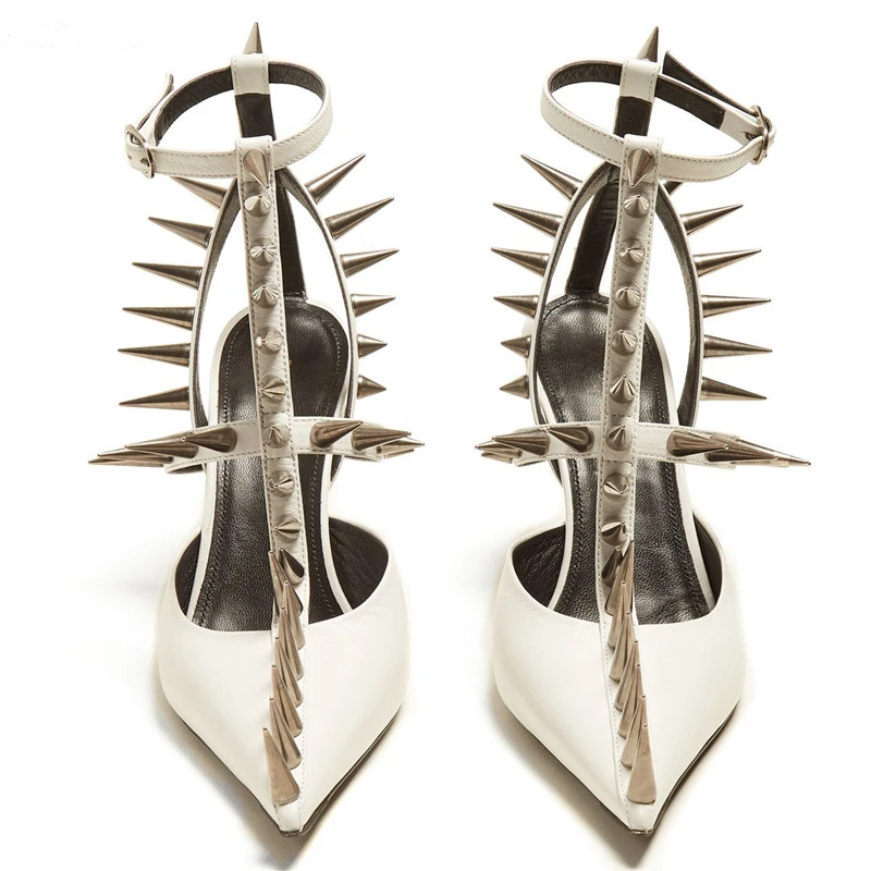 2018-Follwwith-Luxury-Brand-Spiked-Leather-T-Strap-Pumps-Black-White-Red-Sandals-Gladiator-High-Heels (1)