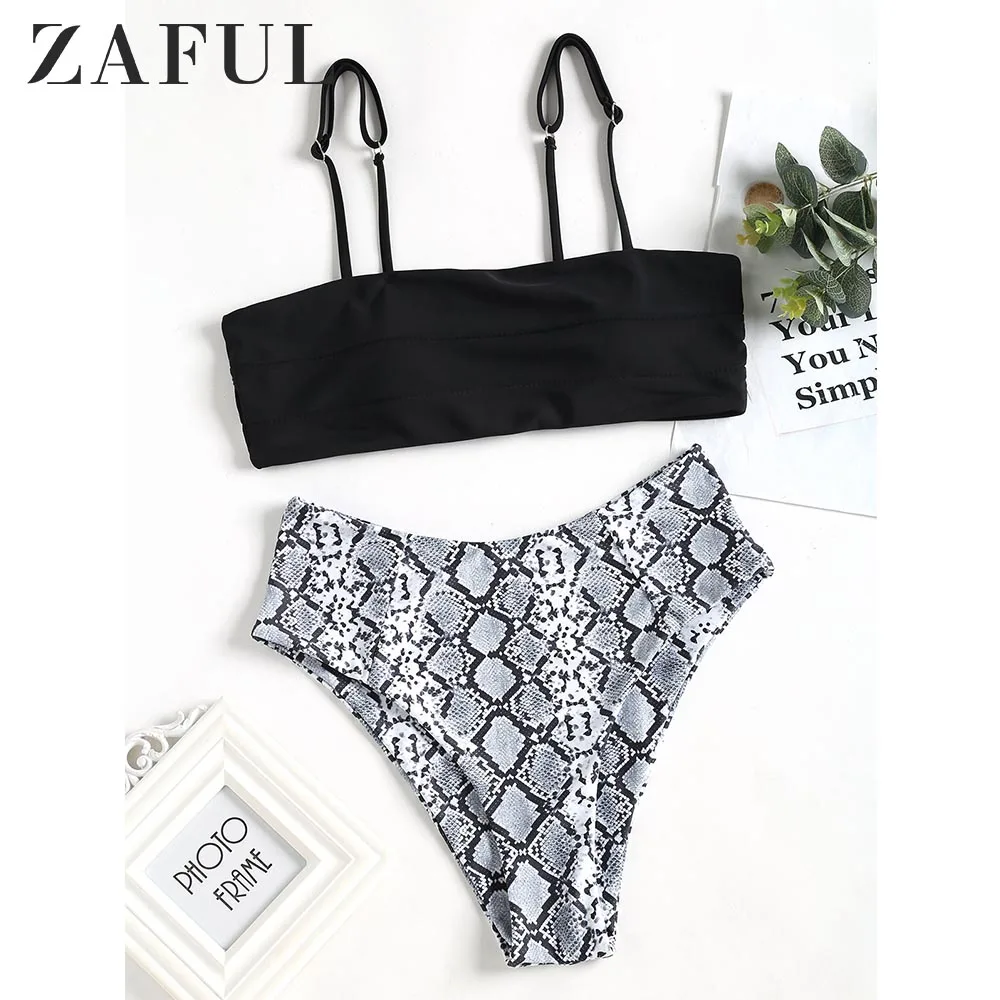 

ZAFUL High Waisted Bikini Snakeskin Print High Leg Ladder Cut Bikini Swimwear High Cut Bathing Suit Spaghetti Straps Swimsuit