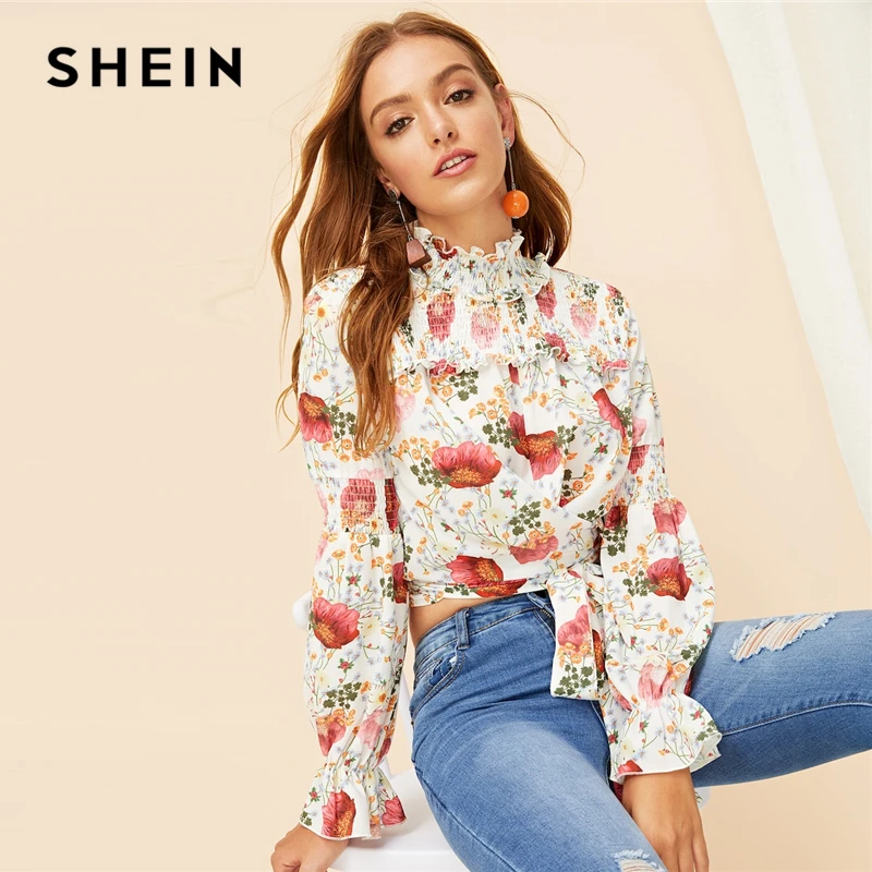 

SHEIN Boho Multicolor Bell Cuff Smocked Floral Top With Belt Long Sleeve Crop Blouse Women Spring Frilled Collar Elegant Blouses