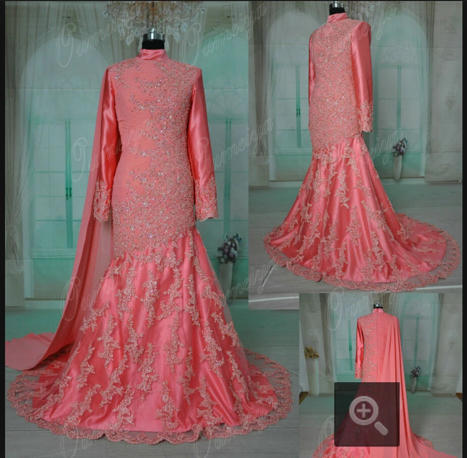 Winter Real Pictures Chiffon Coral Color Mermaid Long Sleeve Muslim Wedding Dresses High Neck beads sequins bridal gowns
Winter Real Pictures Chiffon Coral Color Mermaid Long Sleeve Muslim Wedding Dresses High Neck beads sequins bridal gowns