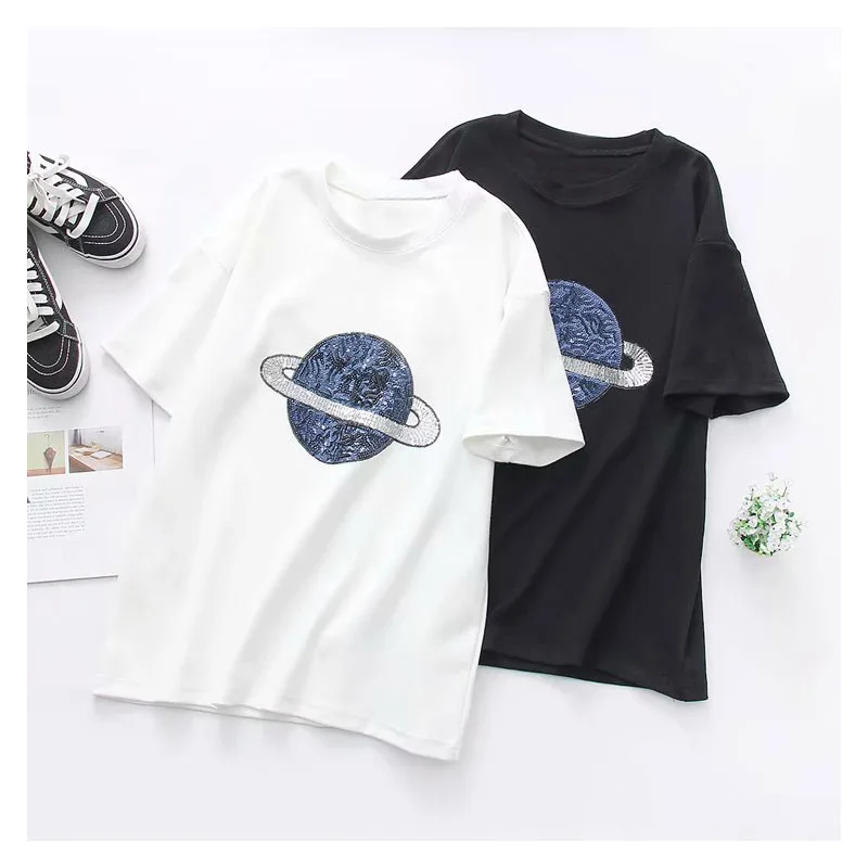 Korean women's clothing Summer new round neck heavy work sequins star embroidery short-sleeved blend T-shirt
Korean women's clothing Summer new round neck heavy work sequins star embroidery short-sleeved blend T-shirt
