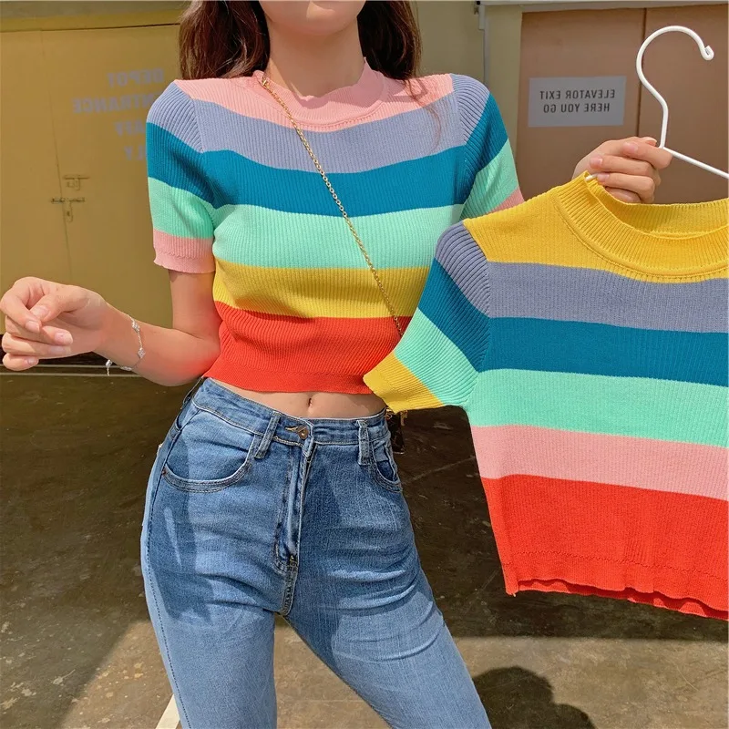 Korean Streetwear Rainbow Striped t-shirt Fashion female casual wild o-neck Short Sleeve T shirt thin girl 2019 New clothes
Korean Streetwear Rainbow Striped t-shirt Fashion female casual wild o-neck Short Sleeve T shirt thin girl 2019 New clothes