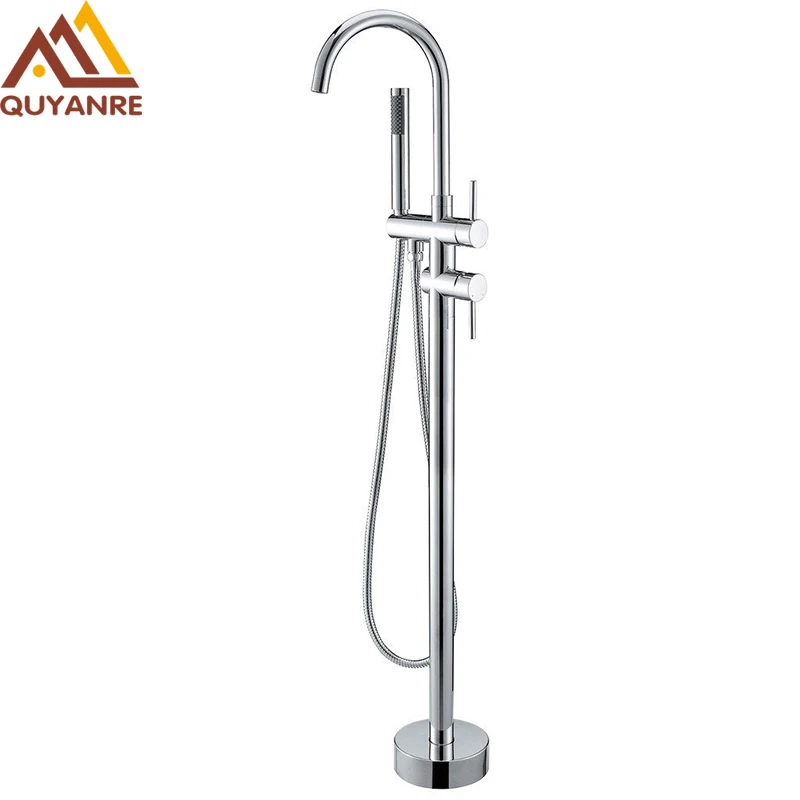 quyanre bathtub faucet chrome floor stand faucet single handle mixer tap abs handshower bathroom faucet