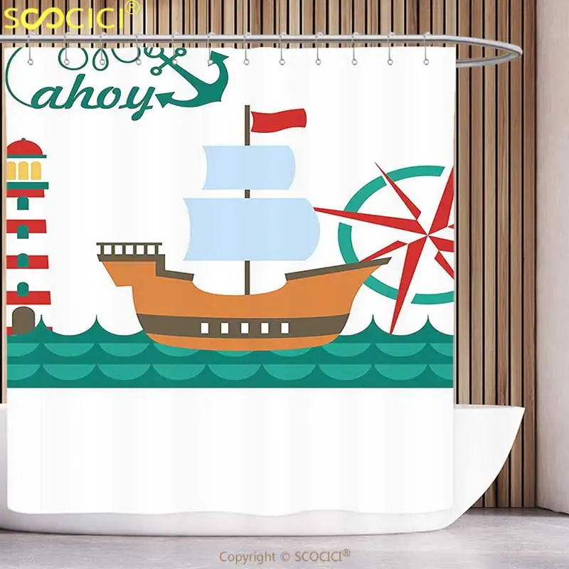 Stylish Shower Curtain Ahoy Its a Boy Sail Boat on Sea Waves Lighthouse and Compass Anchor Icons Celebration Teal Brown Red
Stylish Shower Curtain Ahoy Its a Boy Sail Boat on Sea Waves Lighthouse and Compass Anchor Icons Celebration Teal Brown Red