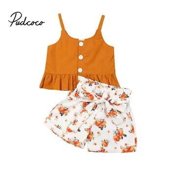 

Summer Baby Girls Clothes 2019 Brand New Fine Strap Floral Bow-knot Belt Girls' Clothing Sets Tops+Shorts 6M-4Y 80-120